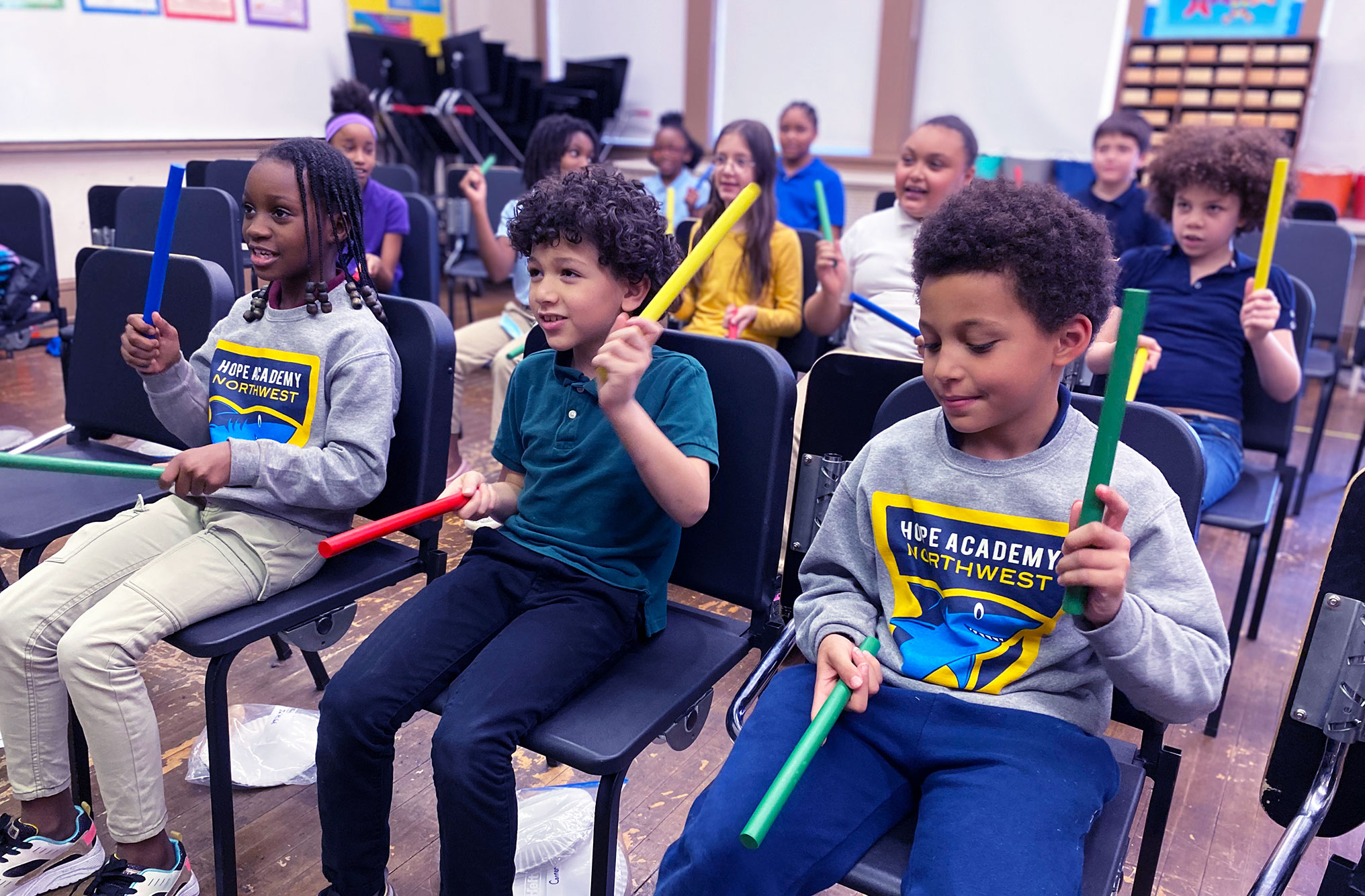 Elementary students in a music class.